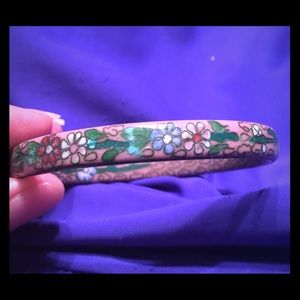 cloisonné enamel pink and green bangle bracelet